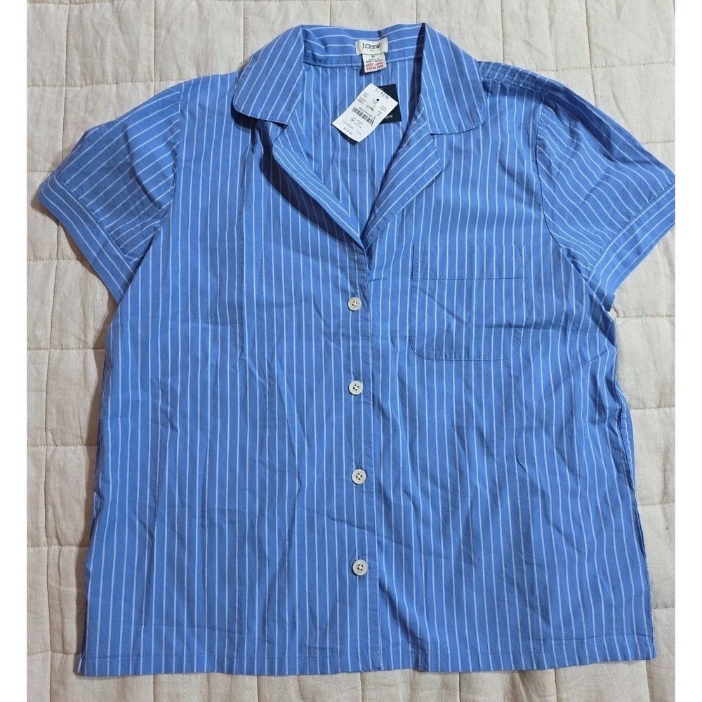 J.Crew Womens Medium Cotton Sleepwear Short Sleeve Pajama Top Blue White Stripes